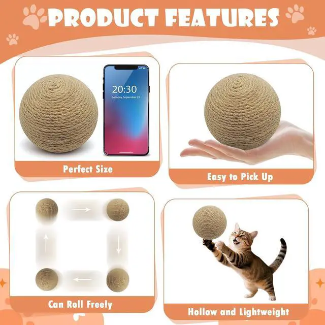 Alt view image 4 of 7 - 3.94 inch Sisal Cat Ball Toy, Interactive Natural Cat Scratching Ball, Perfect Scratcher for Cats' Exercise and Fun (Sisal)