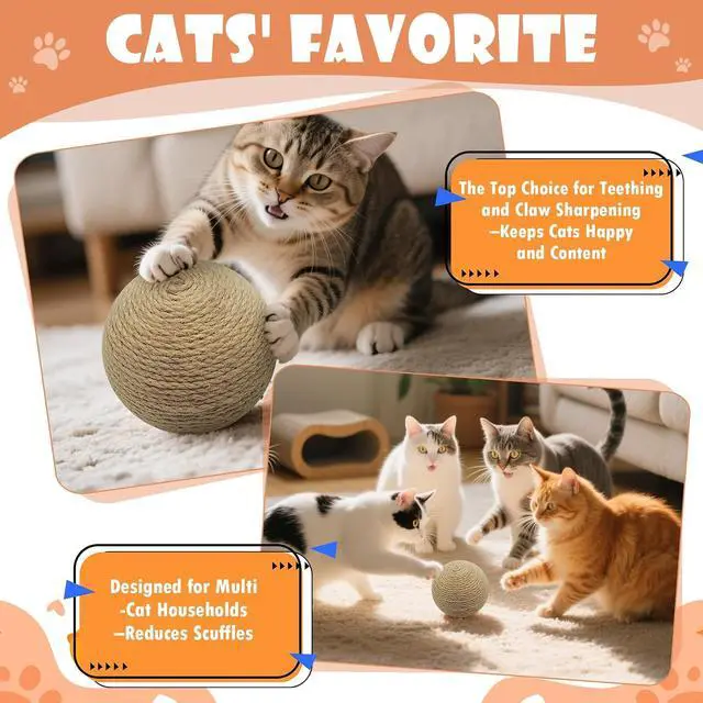 Alt view image 6 of 7 - 3.94 inch Sisal Cat Ball Toy, Interactive Natural Cat Scratching Ball, Perfect Scratcher for Cats' Exercise and Fun (Sisal)
