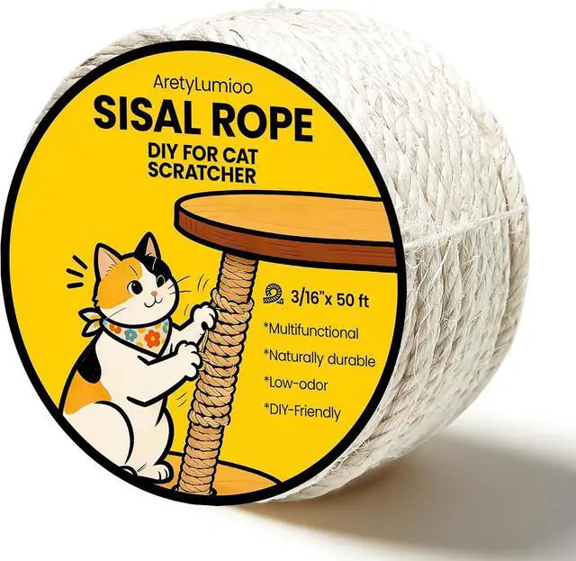 Main image of Natural Sisal Rope for Cat Scratching Post Replacement 3/16 Inch x 50 ft, Twine for Repair, Restore & DIY Cat Trees, Towers, Furniture, White