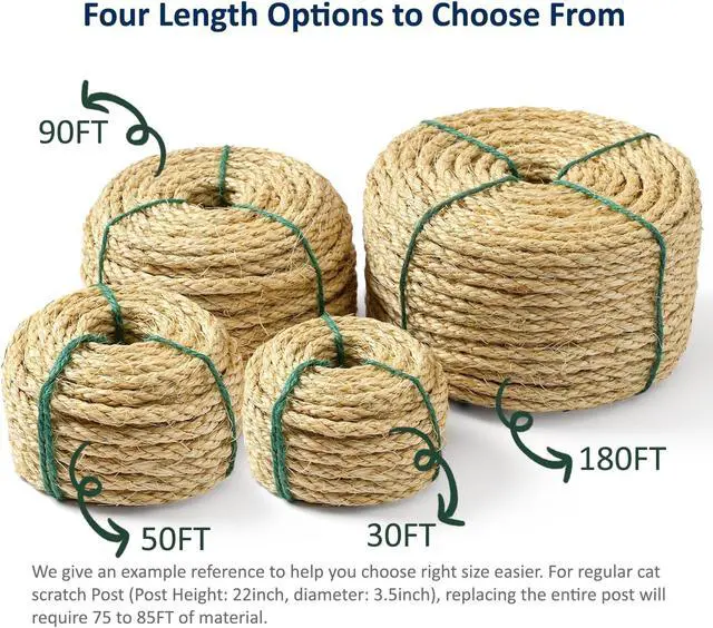 Alt view image 3 of 5 - Cat Natural Sisal Rope for Scratching Post Tree Replacement, Hemp Rope for Repairing, Recovering or DIY Scratcher, Natural Color, 30FT