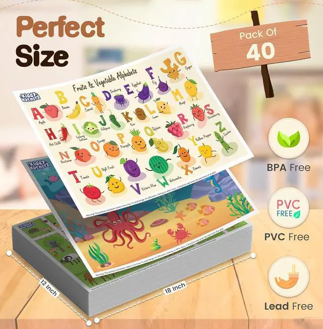 Alt view image 3 of 6 - 40 Pack Waterproof Disposable Placemats for Baby, Place mats for Kids, Toddler - Kids Placemats for Dining Table Tyke, Restaurants, and Travel (Aquarium, Alphabet and Zoo Theme)