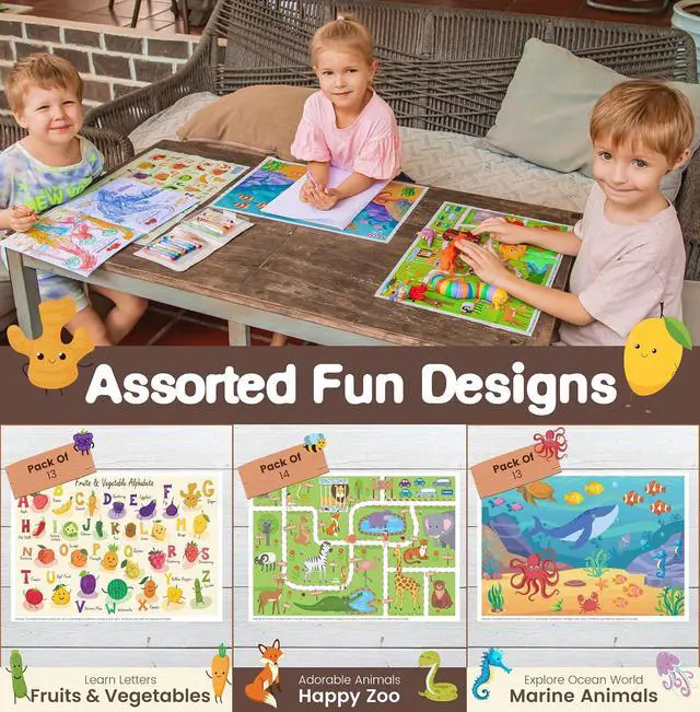 Alt view image 5 of 6 - 40 Pack Waterproof Disposable Placemats for Baby, Place mats for Kids, Toddler - Kids Placemats for Dining Table Tyke, Restaurants, and Travel (Aquarium, Alphabet and Zoo Theme)