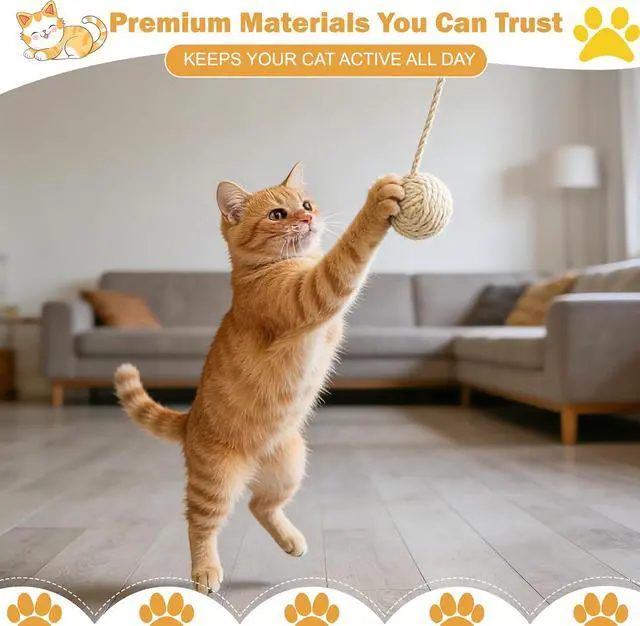 Alt view image 2 of 7 - Cat Toy Ball with Sisal Rope Wrapping 3 Pack Sisal Cat Toy Ball with Rope & Quiet Bell, 1.77" Natural Interactive Cat Scratching Ball for Indoor Cats (Beige, Yellow, Striped)