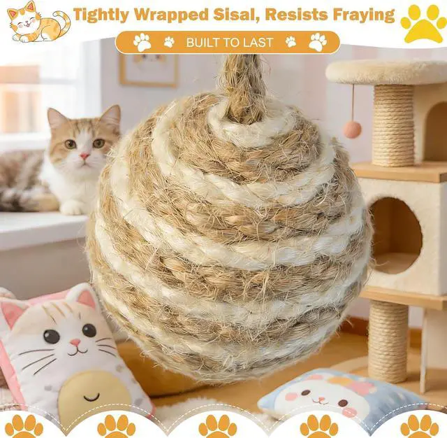 Alt view image 3 of 7 - Cat Toy Ball with Sisal Rope Wrapping 3 Pack Sisal Cat Toy Ball with Rope & Quiet Bell, 1.77" Natural Interactive Cat Scratching Ball for Indoor Cats (Beige, Yellow, Striped)