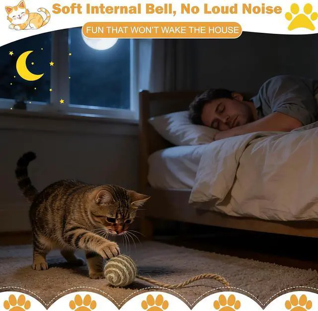 Alt view image 4 of 7 - Cat Toy Ball with Sisal Rope Wrapping 3 Pack Sisal Cat Toy Ball with Rope & Quiet Bell, 1.77" Natural Interactive Cat Scratching Ball for Indoor Cats (Beige, Yellow, Striped)