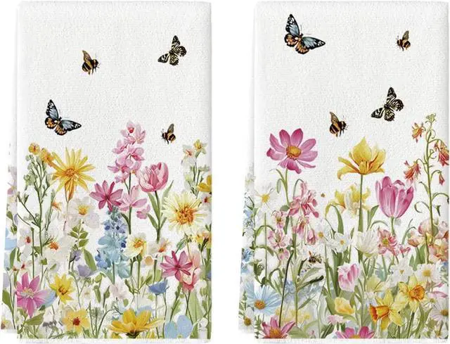 Main image of Floral Butterfly Bee Spring Kitchen Towels Dish Towels, 18x26 Inch Farmhouse Summer Decoration Cleaning Set of 2