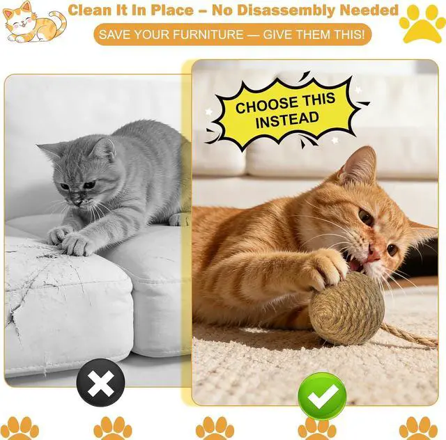 Alt view image 5 of 7 - Cat Toy Ball with Sisal Rope Wrapping 3 Pack Sisal Cat Toy Ball with Rope & Quiet Bell, 1.77" Natural Interactive Cat Scratching Ball for Indoor Cats (Beige, Yellow, Striped)