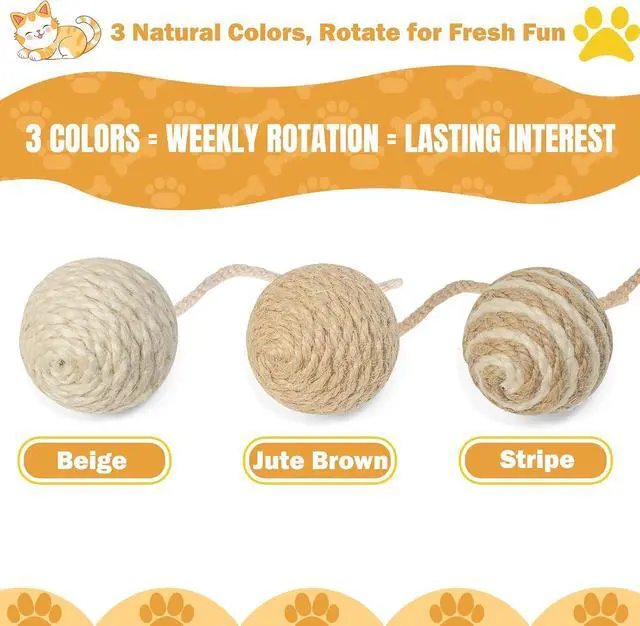 Alt view image 6 of 7 - Cat Toy Ball with Sisal Rope Wrapping 3 Pack Sisal Cat Toy Ball with Rope & Quiet Bell, 1.77" Natural Interactive Cat Scratching Ball for Indoor Cats (Beige, Yellow, Striped)