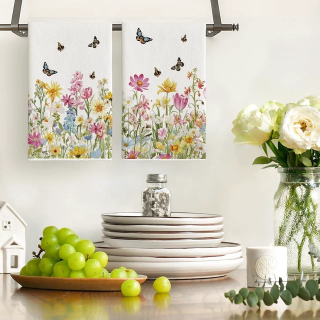 Alt view image 2 of 6 - Floral Butterfly Bee Spring Kitchen Towels Dish Towels, 18x26 Inch Farmhouse Summer Decoration Cleaning Set of 2
