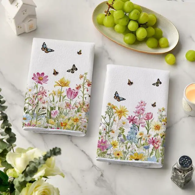 Alt view image 3 of 6 - Floral Butterfly Bee Spring Kitchen Towels Dish Towels, 18x26 Inch Farmhouse Summer Decoration Cleaning Set of 2