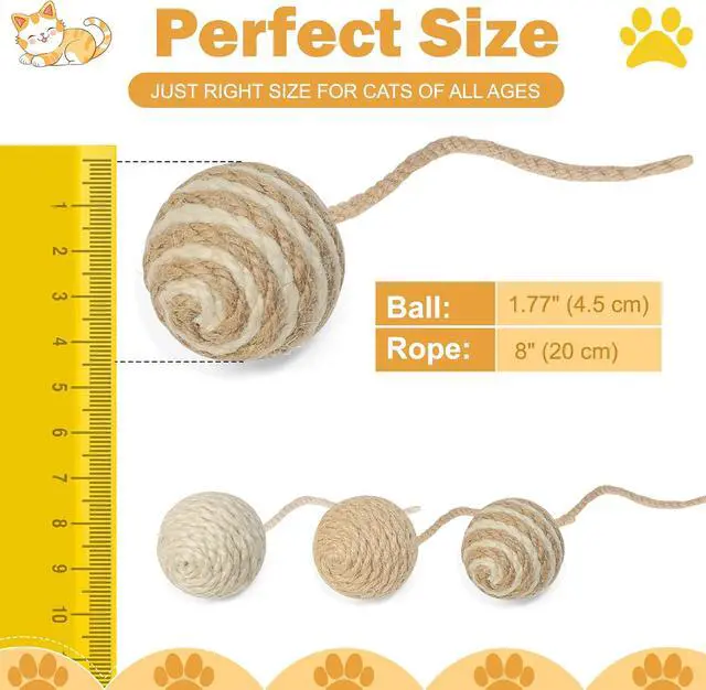 Alt view image 7 of 7 - Cat Toy Ball with Sisal Rope Wrapping 3 Pack Sisal Cat Toy Ball with Rope & Quiet Bell, 1.77" Natural Interactive Cat Scratching Ball for Indoor Cats (Beige, Yellow, Striped)