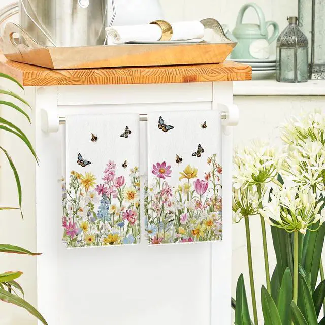 Alt view image 4 of 6 - Floral Butterfly Bee Spring Kitchen Towels Dish Towels, 18x26 Inch Farmhouse Summer Decoration Cleaning Set of 2