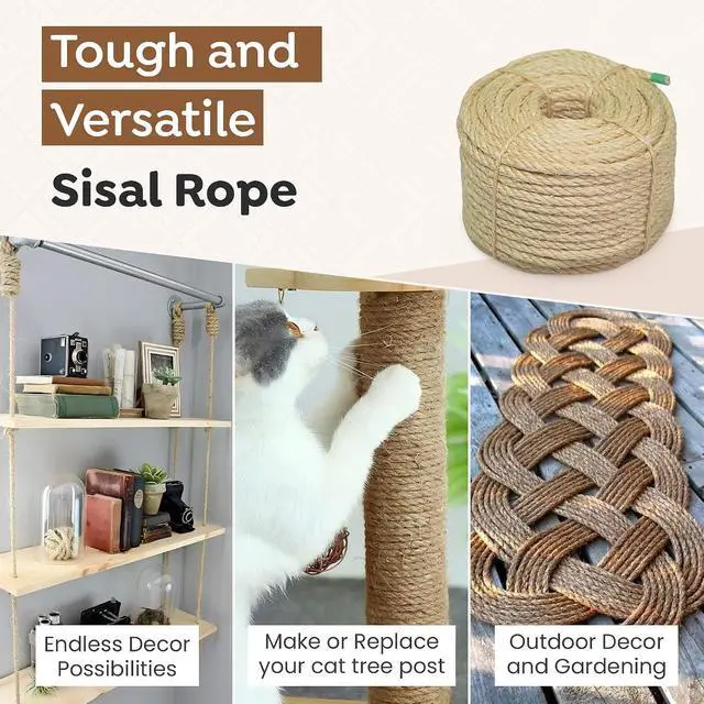 Alt view image 5 of 7 - Premium Brazilian Sisal Rope, Natural Fiber 100% Sisal, Ultra Durable, Chemical-Free, Ideal for DIY, Cats, Scratching Post Replacement, Home Decor, Garden, Crafting (1/4 50 ft / 6mm 15m)