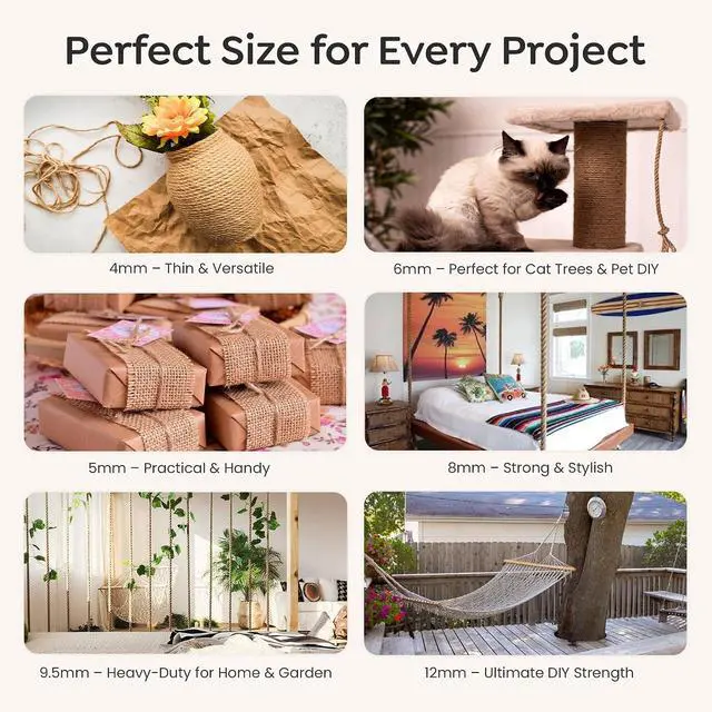 Alt view image 6 of 7 - Premium Brazilian Sisal Rope, Natural Fiber 100% Sisal, Ultra Durable, Chemical-Free, Ideal for DIY, Cats, Scratching Post Replacement, Home Decor, Garden, Crafting (1/4 50 ft / 6mm 15m)