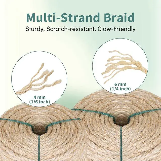 Alt view image 3 of 7 - 1/4 Inch by 98.4 Feet 6mm Natural Sisal Rope for Cat Scratcher | Cat Tree Rope Twine for Scratching Post Replacement, Repairing, Recovering and DIY, Sisal Rope for Cat Tree Tower Repair