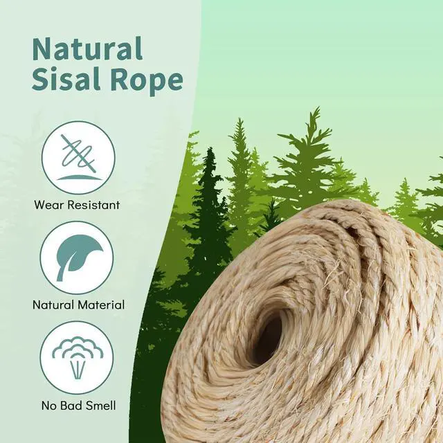 Alt view image 5 of 7 - 1/4 Inch by 98.4 Feet 6mm Natural Sisal Rope for Cat Scratcher | Cat Tree Rope Twine for Scratching Post Replacement, Repairing, Recovering and DIY, Sisal Rope for Cat Tree Tower Repair