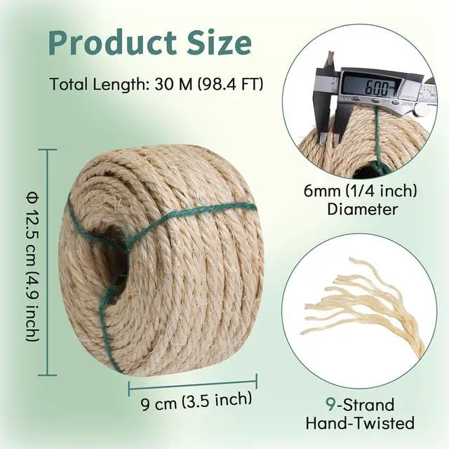 Alt view image 2 of 7 - 1/4 Inch by 98.4 Feet 6mm Natural Sisal Rope for Cat Scratcher | Cat Tree Rope Twine for Scratching Post Replacement, Repairing, Recovering and DIY, Sisal Rope for Cat Tree Tower Repair