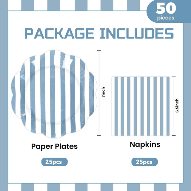Alt view image 2 of 7 - 50PCS Blue Striped Paper Plates and Napkins Party Supplies, Blue and White Scalloped Party Plates and Napkins Tableware Set for Birthday Bridal & Baby Shower Wedding Party Decoration