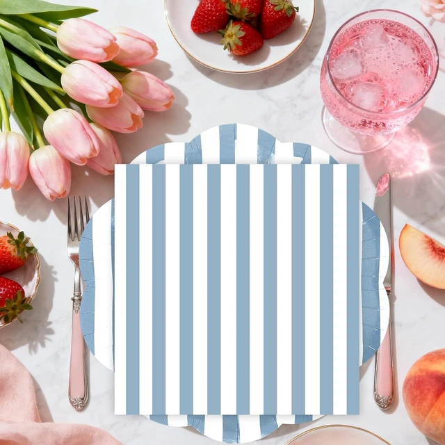Alt view image 4 of 7 - 50PCS Blue Striped Paper Plates and Napkins Party Supplies, Blue and White Scalloped Party Plates and Napkins Tableware Set for Birthday Bridal & Baby Shower Wedding Party Decoration