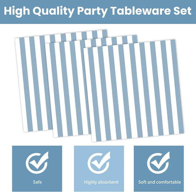 Alt view image 5 of 7 - 50PCS Blue Striped Paper Plates and Napkins Party Supplies, Blue and White Scalloped Party Plates and Napkins Tableware Set for Birthday Bridal & Baby Shower Wedding Party Decoration