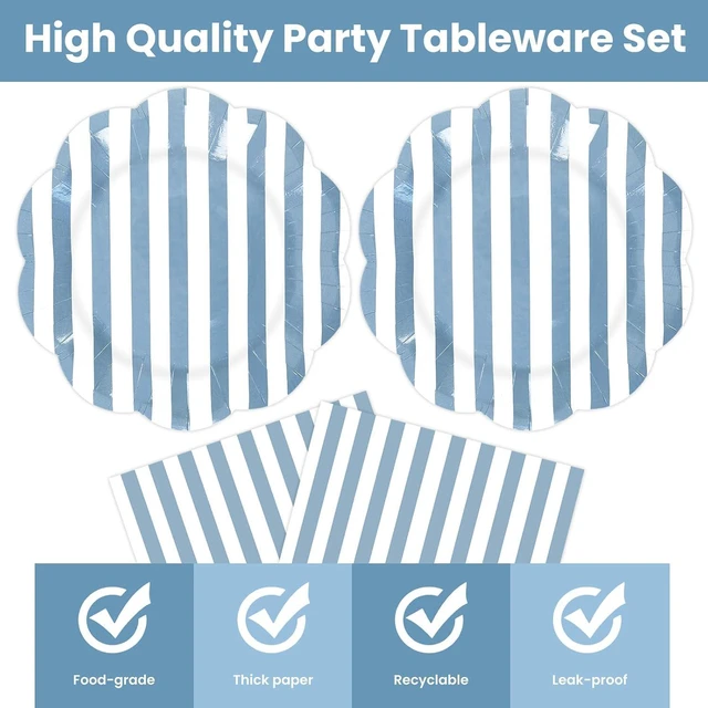 Alt view image 3 of 7 - 50PCS Blue Striped Paper Plates and Napkins Party Supplies, Blue and White Scalloped Party Plates and Napkins Tableware Set for Birthday Bridal & Baby Shower Wedding Party Decoration