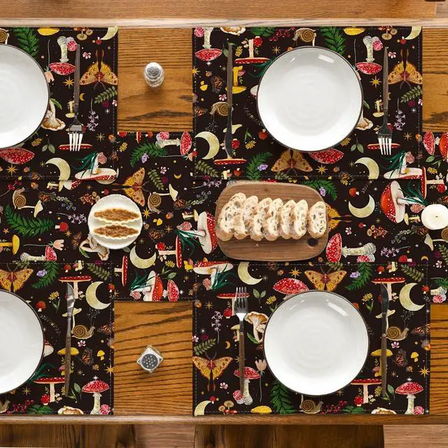 Alt view image 2 of 7 - Black Modern Mushroom Placemats Set of 4, 12x18 Inch Seasonal Table Mats for Party Kitchen Dining Decoration