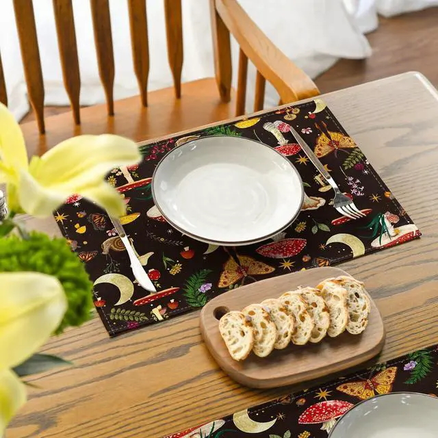 Alt view image 3 of 7 - Black Modern Mushroom Placemats Set of 4, 12x18 Inch Seasonal Table Mats for Party Kitchen Dining Decoration