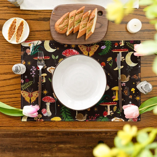 Alt view image 4 of 7 - Black Modern Mushroom Placemats Set of 4, 12x18 Inch Seasonal Table Mats for Party Kitchen Dining Decoration