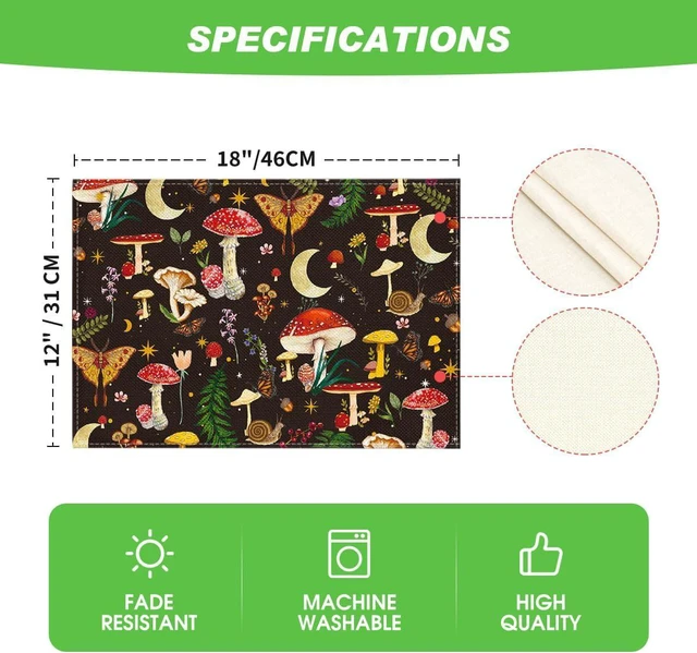 Alt view image 7 of 7 - Black Modern Mushroom Placemats Set of 4, 12x18 Inch Seasonal Table Mats for Party Kitchen Dining Decoration