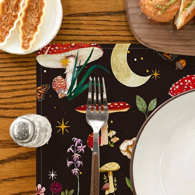 Alt view image 6 of 7 - Black Modern Mushroom Placemats Set of 4, 12x18 Inch Seasonal Table Mats for Party Kitchen Dining Decoration