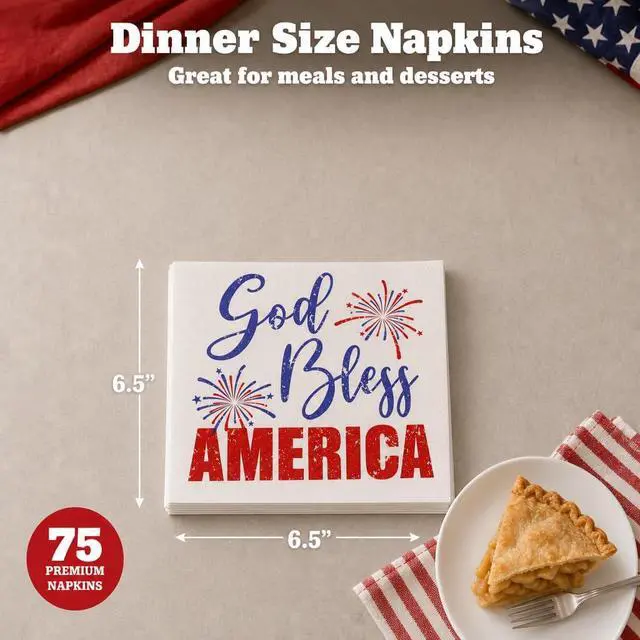 Alt view image 3 of 7 - 75 Count 4th of July Patriotic American Flag Disposable Dinner Napkins 2-Ply