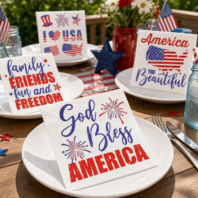 Alt view image 7 of 7 - 75 Count 4th of July Patriotic American Flag Disposable Dinner Napkins 2-Ply