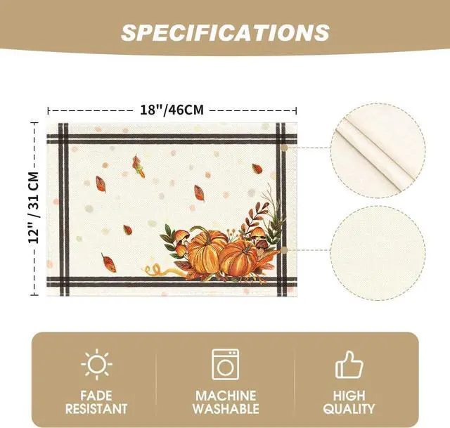 Alt view image 5 of 6 - Pumpkins Mushroom Leaves Fall Placemats Set of 2-12 x 18 Inch