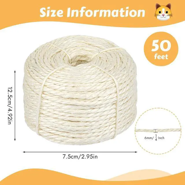 Alt view image 2 of 7 - 50 Ft Sisal Rope for Cat Tree, 1/4 Inch Natural Twine, White Color | Natural Sisal; Tightly Twisted Rope; Scratch Post Repair; DIY Cat Tree Wrapping; Furniture Protection; Promotes Healthy Claws