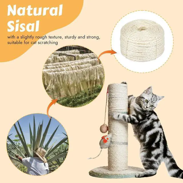 Alt view image 3 of 7 - 50 Ft Sisal Rope for Cat Tree, 1/4 Inch Natural Twine, White Color | Natural Sisal; Tightly Twisted Rope; Scratch Post Repair; DIY Cat Tree Wrapping; Furniture Protection; Promotes Healthy Claws