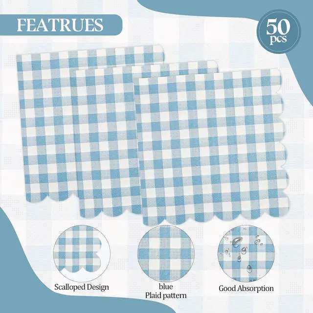Alt view image 8 of 9 - 50PCS Blue Scalloped Gingham Paper Napkins | Light Blue and White Striped, Checkered Dessert Napkins, Disposable, Birthday Baby Shower Wedding Party