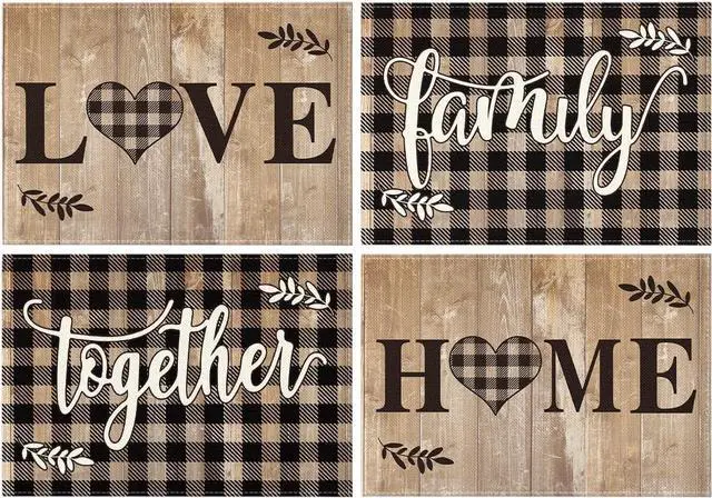 Main image of Wood Love Family Home Together Buffalo Plaid Placemats Set of 4, 12x18 Inch Farmhouse Table Mats Party Kitchen Dining Decoration