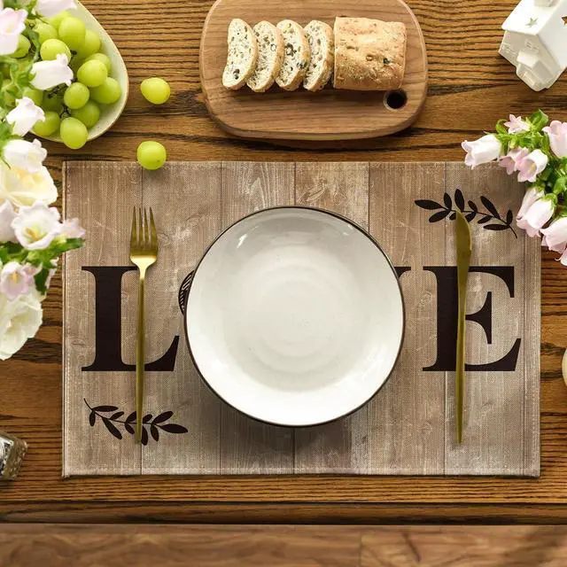 Alt view image 2 of 6 - Wood Love Family Home Together Buffalo Plaid Placemats Set of 4, 12x18 Inch Farmhouse Table Mats Party Kitchen Dining Decoration