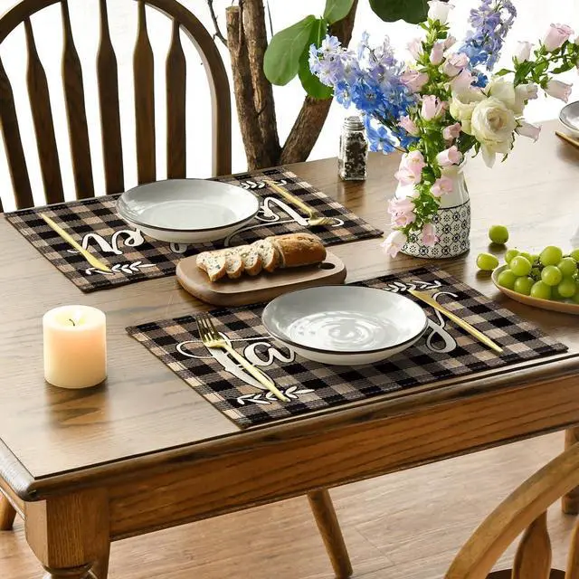 Alt view image 3 of 6 - Wood Love Family Home Together Buffalo Plaid Placemats Set of 4, 12x18 Inch Farmhouse Table Mats Party Kitchen Dining Decoration
