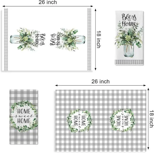 Alt view image 2 of 7 - Sweet Home Spring Summer Kitchen Dish Towels Set of 2, Eucalyptus Leaves Mason Jar Hand Towels Drying Baking Cooking Cloth, Grey Plaid Farmhouse Bless Our Home Kitchen Decor 18x26 Inch