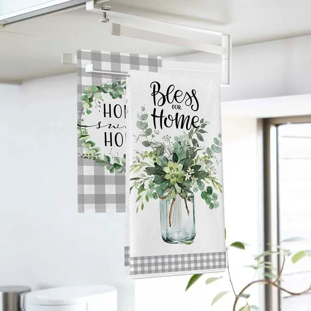 Alt view image 3 of 7 - Sweet Home Spring Summer Kitchen Dish Towels Set of 2, Eucalyptus Leaves Mason Jar Hand Towels Drying Baking Cooking Cloth, Grey Plaid Farmhouse Bless Our Home Kitchen Decor 18x26 Inch