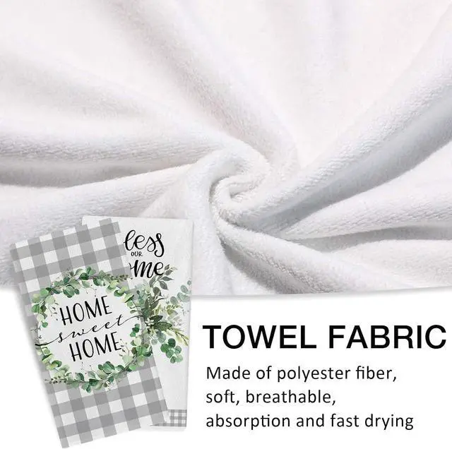 Alt view image 4 of 7 - Sweet Home Spring Summer Kitchen Dish Towels Set of 2, Eucalyptus Leaves Mason Jar Hand Towels Drying Baking Cooking Cloth, Grey Plaid Farmhouse Bless Our Home Kitchen Decor 18x26 Inch