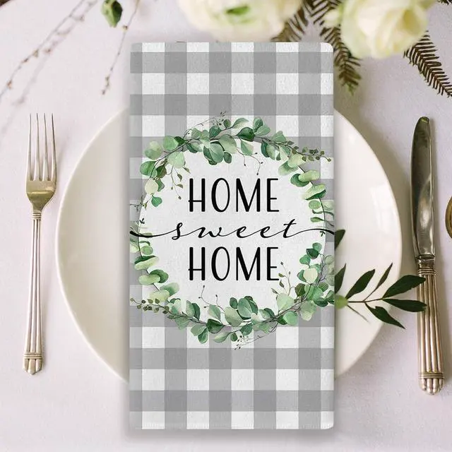 Alt view image 5 of 7 - Sweet Home Spring Summer Kitchen Dish Towels Set of 2, Eucalyptus Leaves Mason Jar Hand Towels Drying Baking Cooking Cloth, Grey Plaid Farmhouse Bless Our Home Kitchen Decor 18x26 Inch