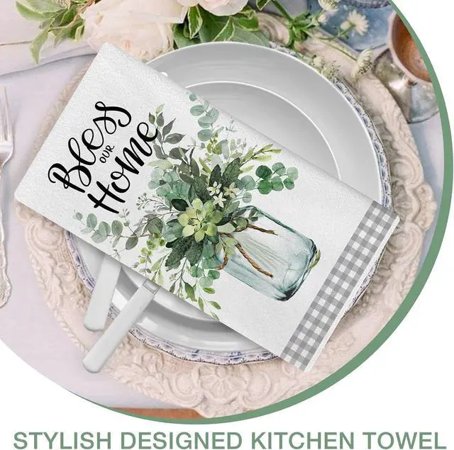 Alt view image 6 of 7 - Sweet Home Spring Summer Kitchen Dish Towels Set of 2, Eucalyptus Leaves Mason Jar Hand Towels Drying Baking Cooking Cloth, Grey Plaid Farmhouse Bless Our Home Kitchen Decor 18x26 Inch