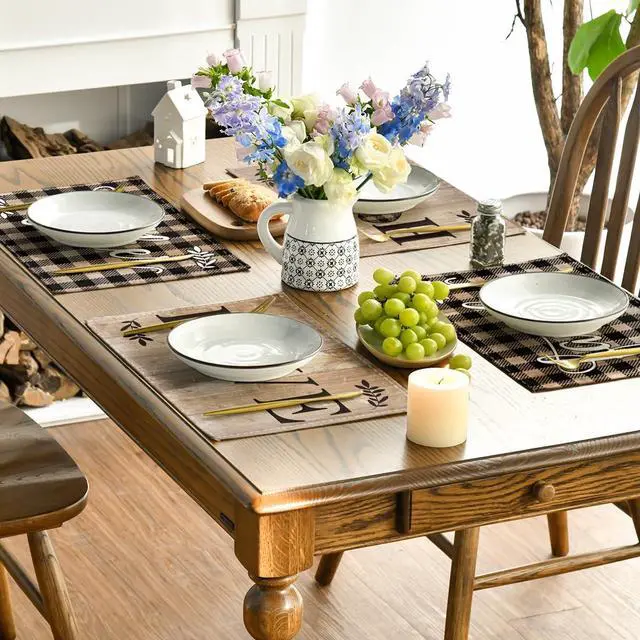 Alt view image 4 of 6 - Wood Love Family Home Together Buffalo Plaid Placemats Set of 4, 12x18 Inch Farmhouse Table Mats Party Kitchen Dining Decoration