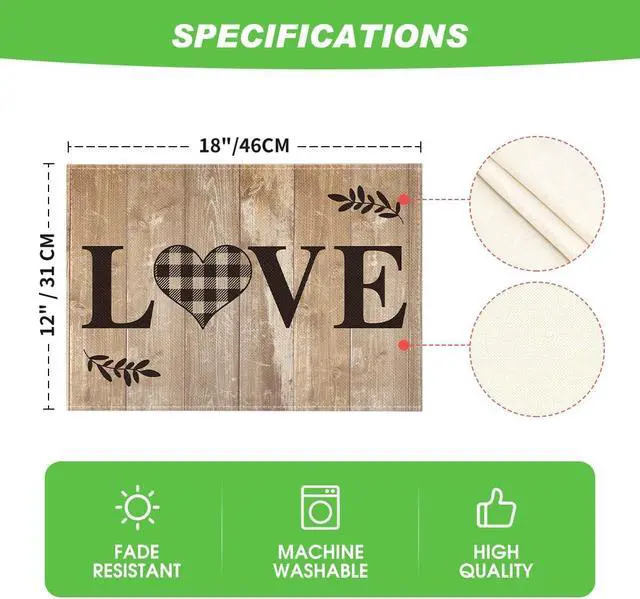 Alt view image 5 of 6 - Wood Love Family Home Together Buffalo Plaid Placemats Set of 4, 12x18 Inch Farmhouse Table Mats Party Kitchen Dining Decoration