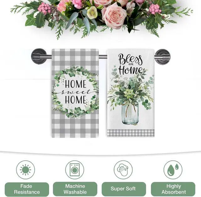 Alt view image 7 of 7 - Sweet Home Spring Summer Kitchen Dish Towels Set of 2, Eucalyptus Leaves Mason Jar Hand Towels Drying Baking Cooking Cloth, Grey Plaid Farmhouse Bless Our Home Kitchen Decor 18x26 Inch