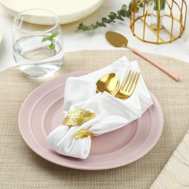 Alt view image 2 of 7 - Napkin Rings Set of 12, Shiny Gold Napkin Rings, Smooth, Easy Care, Solid Metal Laurel Leaf Shaped Elegant Table Decor, Stylish Napkin Ring Bulk for Holidays Wedding, Party, New Homes Gift