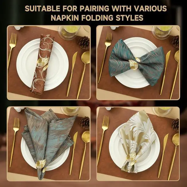 Alt view image 3 of 7 - Napkin Rings Set of 12, Shiny Gold Napkin Rings, Smooth, Easy Care, Solid Metal Laurel Leaf Shaped Elegant Table Decor, Stylish Napkin Ring Bulk for Holidays Wedding, Party, New Homes Gift