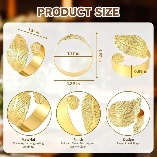 Alt view image 4 of 7 - Napkin Rings Set of 12, Shiny Gold Napkin Rings, Smooth, Easy Care, Solid Metal Laurel Leaf Shaped Elegant Table Decor, Stylish Napkin Ring Bulk for Holidays Wedding, Party, New Homes Gift